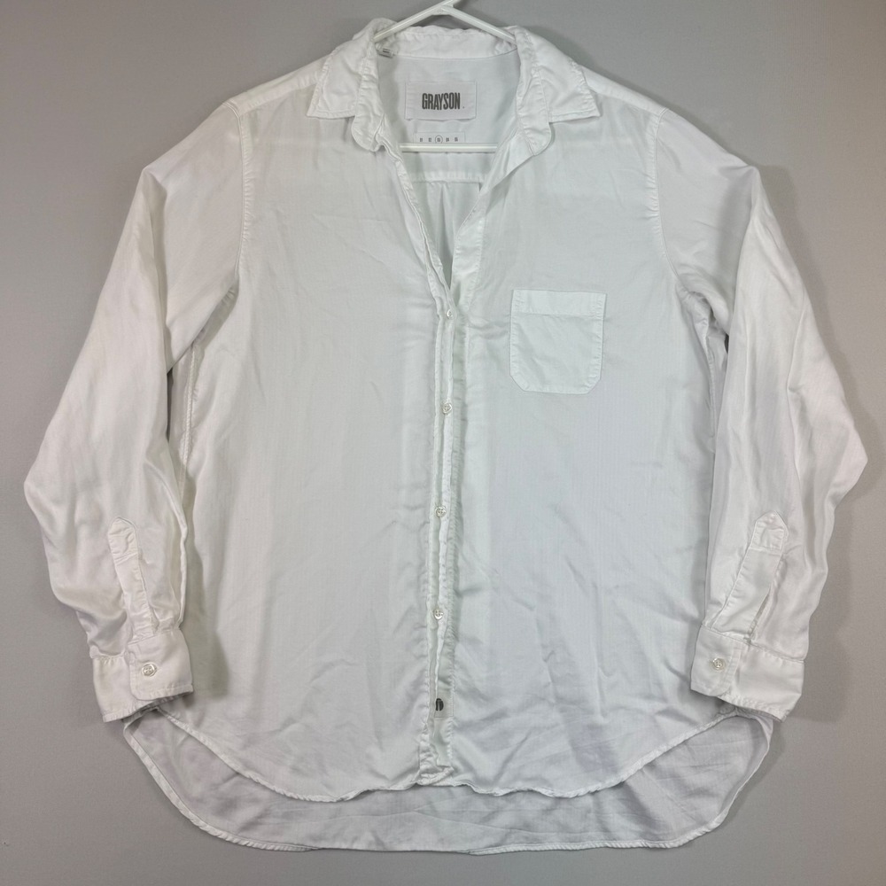Grayson The Hero Shirt Womens 3 White Lyocell Herringbone Blouse Frank & Eileen